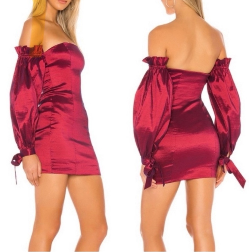 MAJORELLE Off-Shoulder Satin Mini Dress in Burgundy
